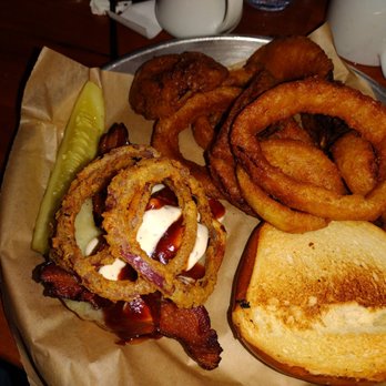 Thirsty Moose Taphouse - Dover - Rockey Burger with onion rings - American Near Me - Dover, New Hampshire