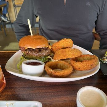 Alehouse & Bistro - The burger was juicy, perfectly cooked, with bacon, cheese, onions and pickles. The onion rings were crispy and flavorful. - Wine Bars Near Me - Gilroy, California Alehouse & Bistro - The burger was juicy, perfectly cooked, with bacon, cheese, onions and pickles. The onion rings were crispy and flavorful. - Wine Bars Near Me - Gilroy, California