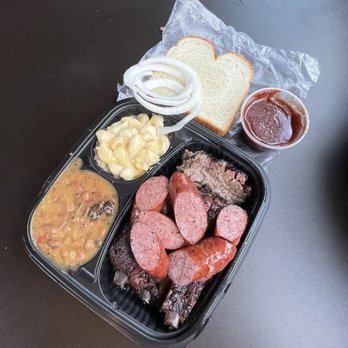True Texas BBQ - 3 Meat Plate-Brisket, Sausage, Ribs, Mac-n-Cheese and Brisket Beans - Barbeque Near Me - Austin, Texas True Texas BBQ - 3 Meat Plate-Brisket, Sausage, Ribs, Mac-n-Cheese and Brisket Beans - Barbeque Near Me - Austin, Texas