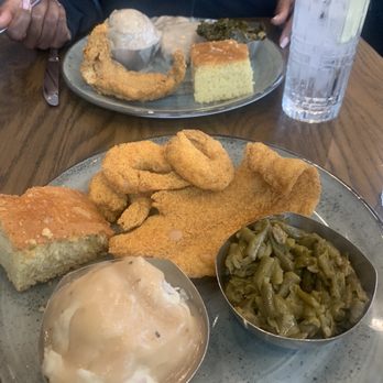 Kountry Kitchen - Seafood combo with shrimp, catfish filet, garlic mashed potatoes and green beans - Soul Food Near Me - Indianapolis, Indiana