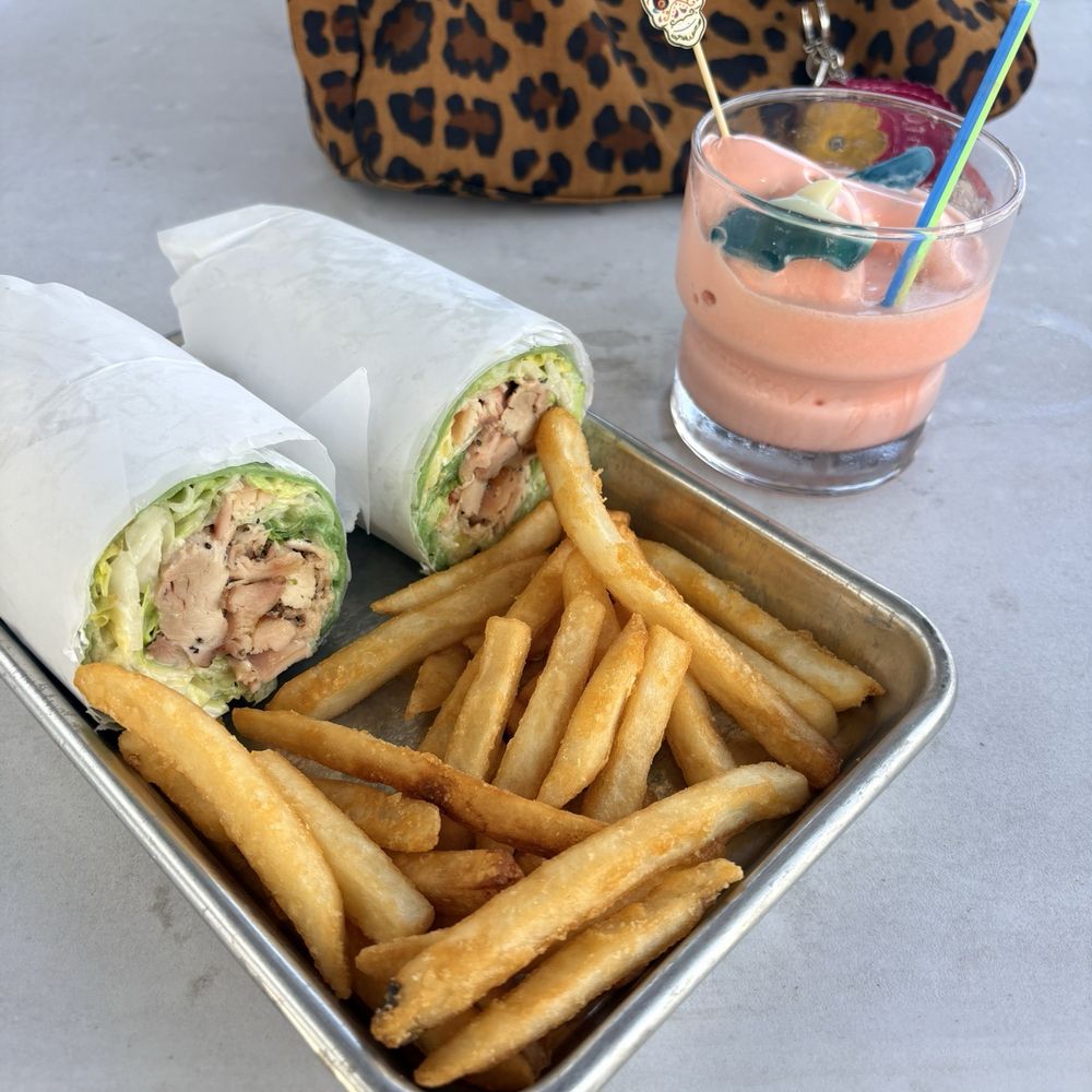 Thompson Brewing - Chicken Caesar Wrap with fries and Strawberry pineapple soft serve - American Near Me - Riverside, California Thompson Brewing - Chicken Caesar Wrap with fries and Strawberry pineapple soft serve - American Near Me - Riverside, California