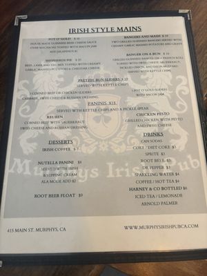 Menu photo 2 Murphys Irish Pub Murphys, CA