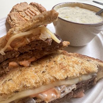 Old World Gingerbread Village - Patty melt and side of clam chowder - Desserts Near Me - Mapleton, Oregon