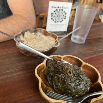 Kanaka Kava - Lau Lau (butterfish wrapped in taro leaves) and Ulu (breadfruit in a sweet sauce) - Hawaiian Near Me - Kailua-Kona, Hawaii