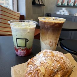 Strawberry matcha latte, Milky Way Latte, and almond croissant