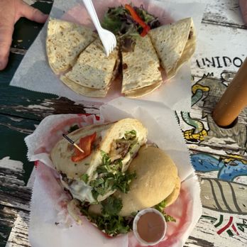 Cali N Tito's - El Sandwich Cubano with Steak (bottom) & Quesadillas (top) - Latin American Near Me - Athens, Georgia