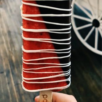 Popbar - Strawberry sorbetto with half dipped dark chocolate and white chocolate drizzle - Desserts Near Me - Anaheim, California Popbar - Strawberry sorbetto with half dipped dark chocolate and white chocolate drizzle - Desserts Near Me - Anaheim, California