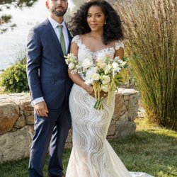 Roma Sposa - Serge Jevaguine wedding dress; Bouquet by Big Sur Flowers at Wind & Sea Estates in Big Sur, CA.