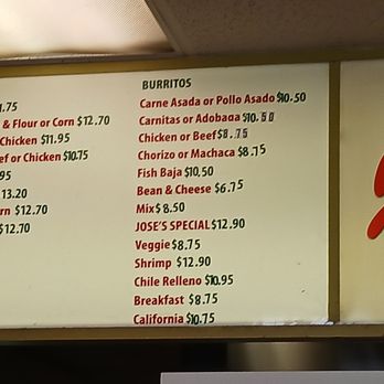 Jose's Taco - the menu for the restaurant - Mexican Near Me - Oceanside, California