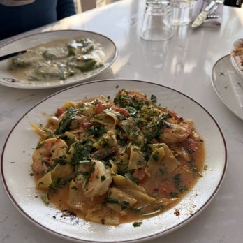 Piatti - Shrimp Saffron Pappardelle, Shrimp, Tomatoes, Garlic, Chili Flakes, Arugula, Lemon, White Wine Broth - Italian Near Me - La Jolla, California Piatti - Shrimp Saffron Pappardelle, Shrimp, Tomatoes, Garlic, Chili Flakes, Arugula, Lemon, White Wine Broth - Italian Near Me - La Jolla, California