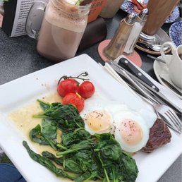 Steak and eggs and a glass of Mint Aero Hot Chocolate