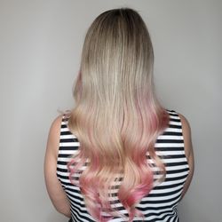 Jess the Beauty Boss - Blonde highlights , with a pop of pink.
