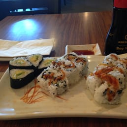 Kamikaze roll, spicy salmon roll, shrimp tempura roll Kamikaze roll, spicy salmon roll, shrimp tempura roll