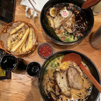 KINTON RAMEN HARBOURFRONT - pork miso ramen, burnt shoyu ramen, fries, hot sake - Ramen Near Me - Toronto, Ontario