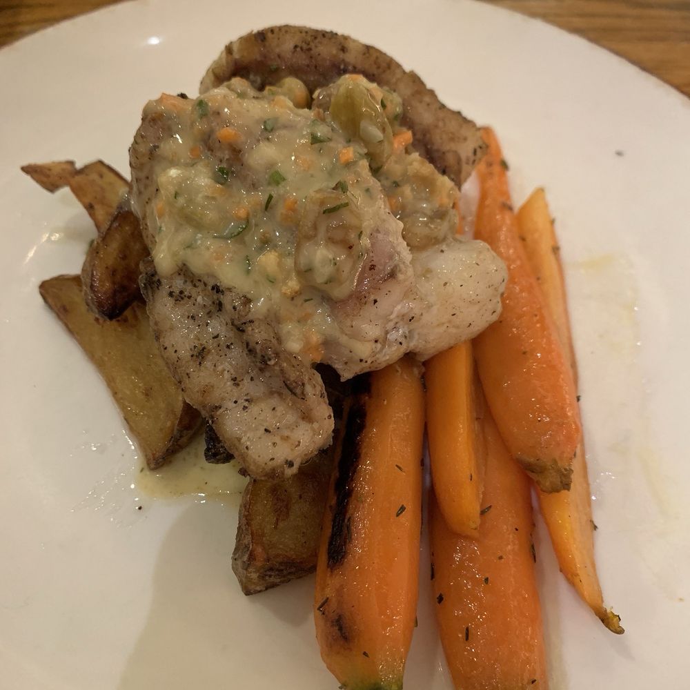 Monkfish, glazed carrots and roasted potato wedges.