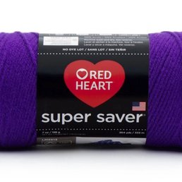 Super saver yarn - A skein of purple yarn from the Red Heart Super Saver brand is shown, with a label indicating it is 100% acrylic, no dye lot, and contains 7 oz (198 g) of yarn. The label also provides the length of 364 yards (333 meters) and features the American flag, suggesting it is made in the USA.