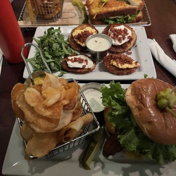Hops Burger Bar - Top: The Angry Avocado Sandwich Middle: Fried Green Tomatoes with goat or pimento cheese  Bottom: North Carolinian Burger - Burgers Near Me - Greensboro, North Carolina