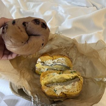 Best Bagel & Coffee - Blueberry bagel and egg, sausage and cream cheese on eggy thing - Bagels Near Me - New York, New York