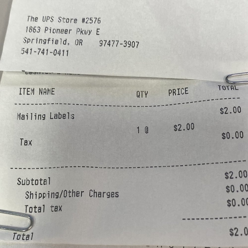 Receipt showing $2 cost for 1 singular shipping label Receipt showing $2 cost for 1 singular shipping label