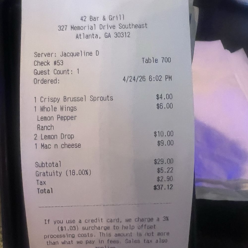 42 Bar And Grill - My tab.. macaroni wasn't worth $9 - Hookah Bars Near Me - Atlanta, Georgia