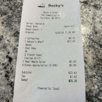 Becky's Diner - Breakfast bill - American Near Me - Portland, Maine