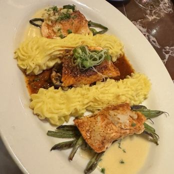 Grand Lux Cafe - Salmon Three Ways - New American Near Me - Houston, Texas Grand Lux Cafe - Salmon Three Ways - New American Near Me - Houston, Texas