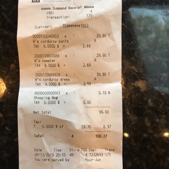 UNIQLO - That is the receipt he told me there is not has my card information, so that means I didn't pay that ! But they charged me $108.77 ! - Women's Clothing Near Me - Milpitas, California UNIQLO - That is the receipt he told me there is not has my card information, so that means I didn't pay that ! But they charged me $108.77 ! - Women's Clothing Near Me - Milpitas, California