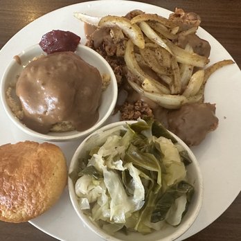 Cafe 209 - Smothered Chicken Livers Cabbage Cornbread Dressing - Cafes Near Me - Augusta, Georgia