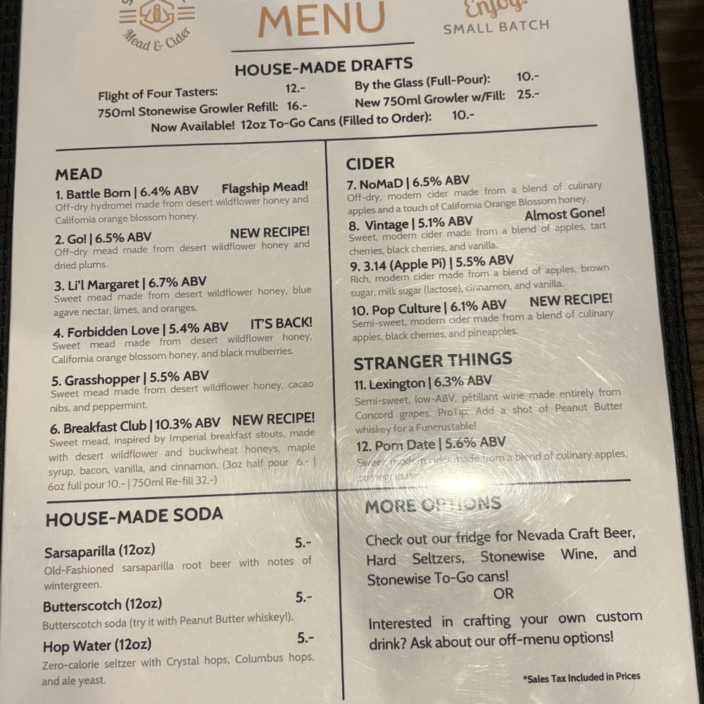 Stonewise - Current Menu 1/31/2026 page 1 - Meaderies Near Me - Pahrump, Nevada Stonewise - Current Menu 1/31/2026 page 1 - Meaderies Near Me - Pahrump, Nevada