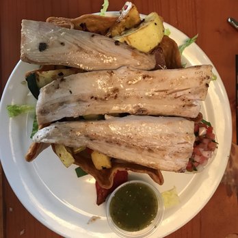 Sharkeys - Above view of my shark bowl with grilled Mahi Mahi with cilantro sauce and Pico de gallo - American Near Me - Key Largo, Florida Sharkeys - Above view of my shark bowl with grilled Mahi Mahi with cilantro sauce and Pico de gallo - American Near Me - Key Largo, Florida