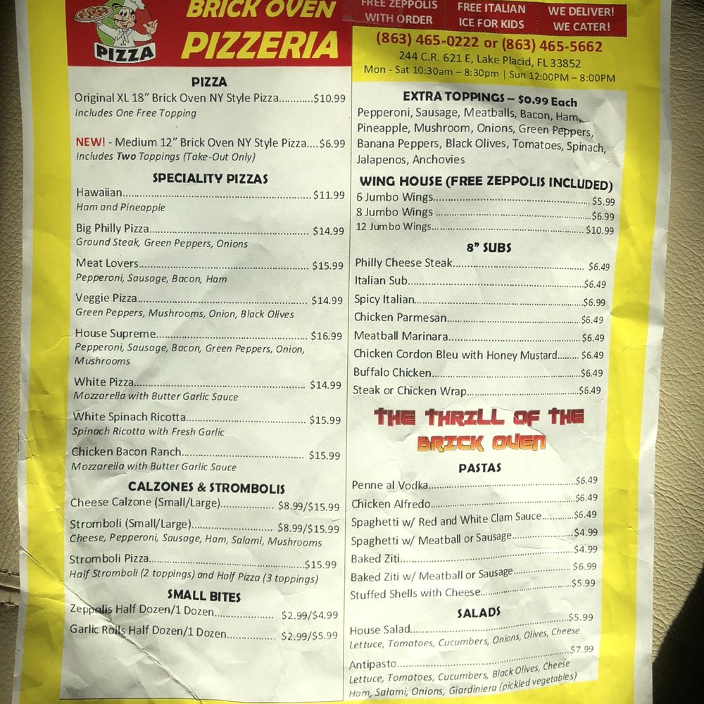 Brick Oven Pizzeria - menu - Pizza Near Me - Lake Placid, Florida