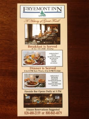 Menu photo 2 Fryemont Inn Dining Room Bryson City, NC