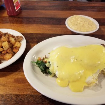 Brother Juniper's - Steak benedict, potatoes, and cheese grits. - Breakfast & Brunch Near Me - Memphis, Tennessee