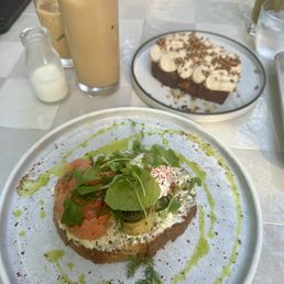 Lavender latte, smoked salmon toast, banana walnut bread w/ espresso mascarpone