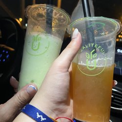 Tealiteful Bubble Tea - Honeydew melon smoothie with lychee pearls mango tea with mango jelly pearls
