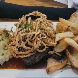 mashed potatoes, meatloaf, fries