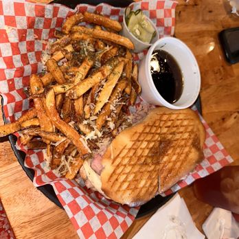 Fat Paulies Wicked Awesome Eatery - Parmesan truffle fries and French dip and Swiss with au jus sauce. - Soup Near Me - Ormond Beach, Florida
