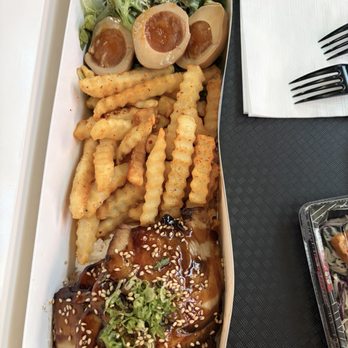 Shokunin - Bento lunch deal with chashu pork, seasoned fries, marinated soy eggs, and it came with gyoza and a lil salad. - Sushi Bars Near Me - Redlands, California Shokunin - Bento lunch deal with chashu pork, seasoned fries, marinated soy eggs, and it came with gyoza and a lil salad. - Sushi Bars Near Me - Redlands, California