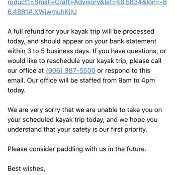Pictured Rocks Kayaking - Refund Email Screenshot. - Tours Near Me - Munising, Michigan Pictured Rocks Kayaking - Refund Email Screenshot. - Tours Near Me - Munising, Michigan