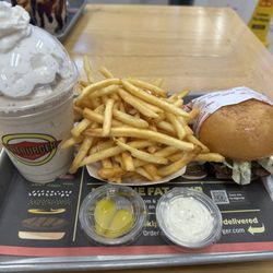 Original Fatburger (1/3 lb.) with gluten-free bun, Skinny Fries, and Craig's Vegan Vanilla Shake
