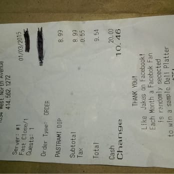 Jake’s Delicatessen - Proof of my meal, time and ticket # blacked out so I can't be identified but the date was left. - Delis Near Me - Milwaukee, Wisconsin Jake’s Delicatessen - Proof of my meal, time and ticket # blacked out so I can't be identified but the date was left. - Delis Near Me - Milwaukee, Wisconsin
