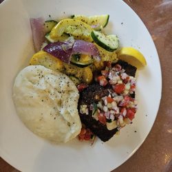 Nancy's Rosemary & Sage - Blackened Salmon with vegetables and mashed potatoes.