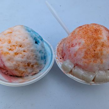 Mike's Shave Ice - Strawberry, orange dream, blue vanilla. Watermelon, coconut, strawberry with li hing mui and mochi - Shaved Ice Near Me Mike's Shave Ice - Strawberry, orange dream, blue vanilla. Watermelon, coconut, strawberry with li hing mui and mochi - Shaved Ice Near Me