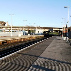 Hove Train Station - General view, looking east from platform 3. The long footbridge is a public right of way over the tracks.