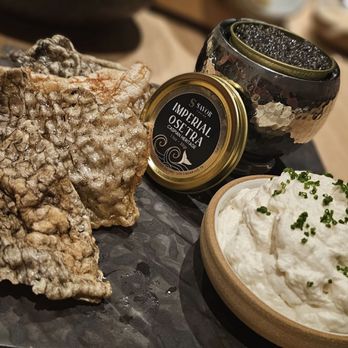 Katami - Osetra caviar service with cauliflower mousse and salmon skin - Sushi Bars Near Me - Houston, Texas Katami - Osetra caviar service with cauliflower mousse and salmon skin - Sushi Bars Near Me - Houston, Texas