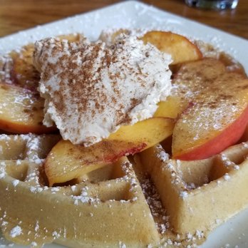 Howard Station Cafe - Peaches and cream waffle. Waffle is not crispy or crunchy.  softer.....FYI. I wouldn't get another one. - Juice Bars & Smoothies Near Me - Occidental, California