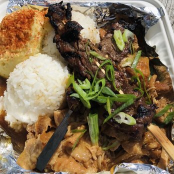Onolicious Hawaii - The JUST MEATS: I selected two meats. Shoyu chicken in the bottom; Beef sticks on top with two scoops of rice and potato salad. - Hawaiian Near Me - Cincinnati, Ohio Onolicious Hawaii - The JUST MEATS: I selected two meats. Shoyu chicken in the bottom; Beef sticks on top with two scoops of rice and potato salad. - Hawaiian Near Me - Cincinnati, Ohio