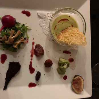 nyloS - Amuse bouche: asparagus soup with Parmesan crisp, pickled cucumber, twice cooked local beet - New American Near Me - Paia, Hawaii