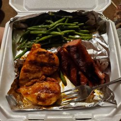 521 BBQ & Grill - Combo plate. Dry chicken and sausage. Awful baked beans are under the foil. Green beans were good. Definitely not worth the money.