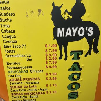 Mayo’s Tacos - Menu as of January 12 2024 - Mexican Near Me - San Antonio, Texas Mayo’s Tacos - Menu as of January 12 2024 - Mexican Near Me - San Antonio, Texas